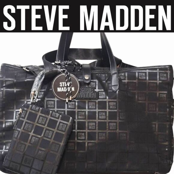 Steve Madden BMaeline Block Logo Weekender Travel Bag Set- Black